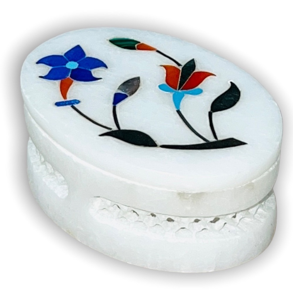 Filigree White Marble Trinket Box Floral Inlay Oval Jewelry Box